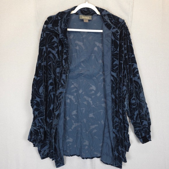 Lane Bryant Designs Blouse Velvet Burnout Silk Blend Women 18/20 Button Up Blue - Picture 1 of 12